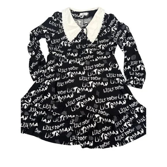 Mellowrani Little Monster Long Sleeve Dress Black & White Cotton Blend Letters - Picture 3 of 12